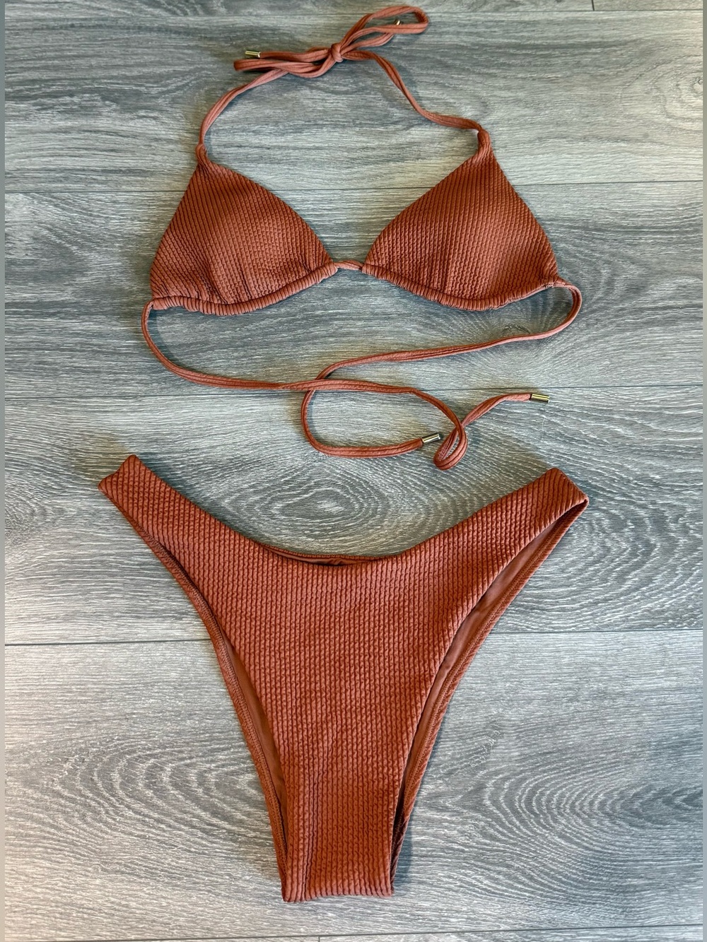 Monday Swimwear Ribbed Triangle Bikini in Terracotta Rust